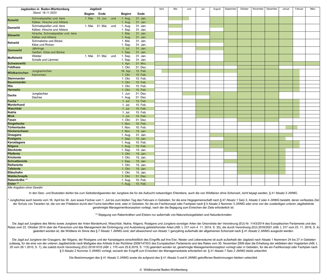 Jagdzeiten,Schonzeiten,Wildtierportal