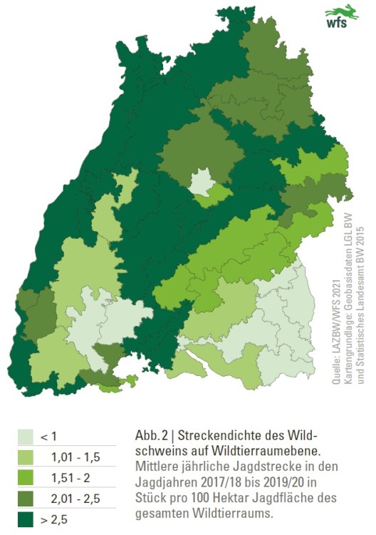 Wildtierbericht,2021,  Streckendichte des Wildschweins auf Wildtierraumebene