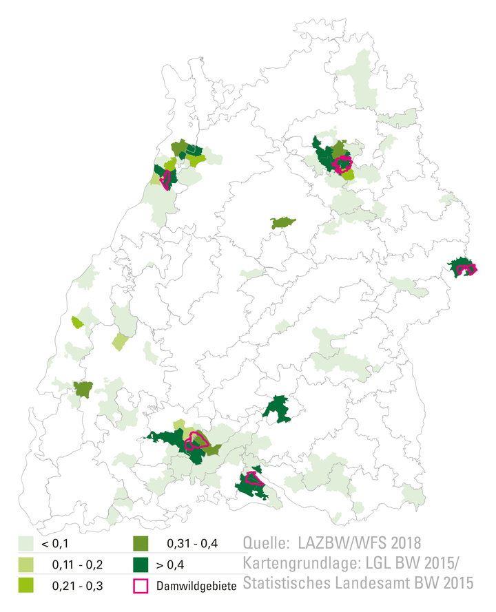 Damhirschvorkommen in Baden-Württemberg © Wildtierbericht 2018