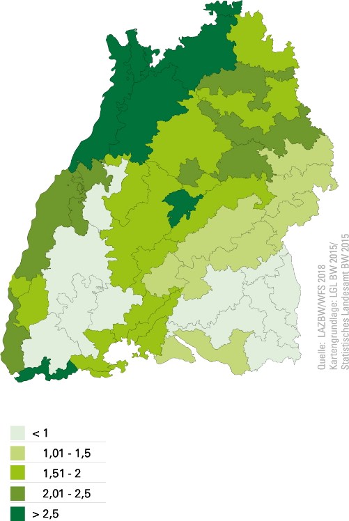 Wildtierbericht,2018, Streckendichte des Wildschweins auf Wildtierraumebene