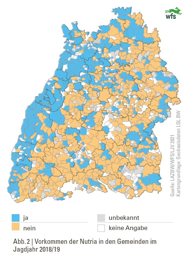 Wildtierbericht 2021, Vorkommen der Nutria in den Gemeinden von Baden-Württemberg